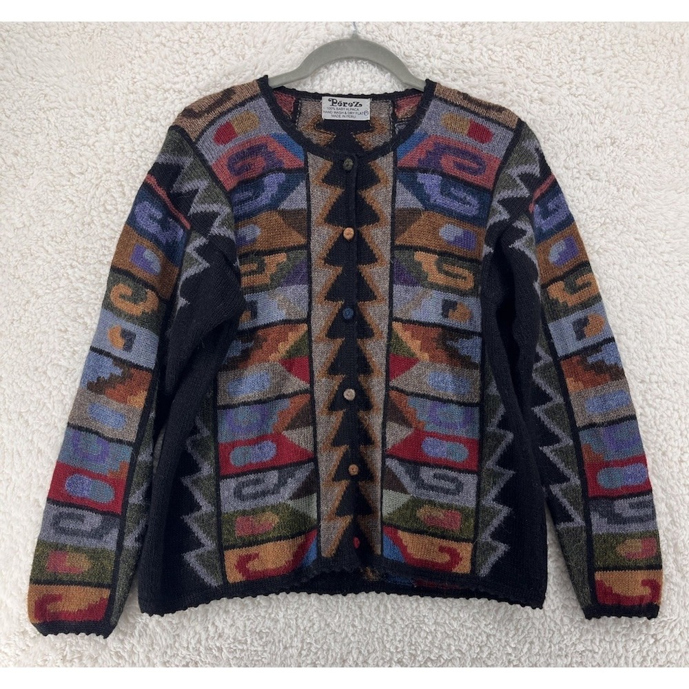 Perez Vintage 100% Baby Alpaca Peruvian Geometric Knit Button Cardigan Medium